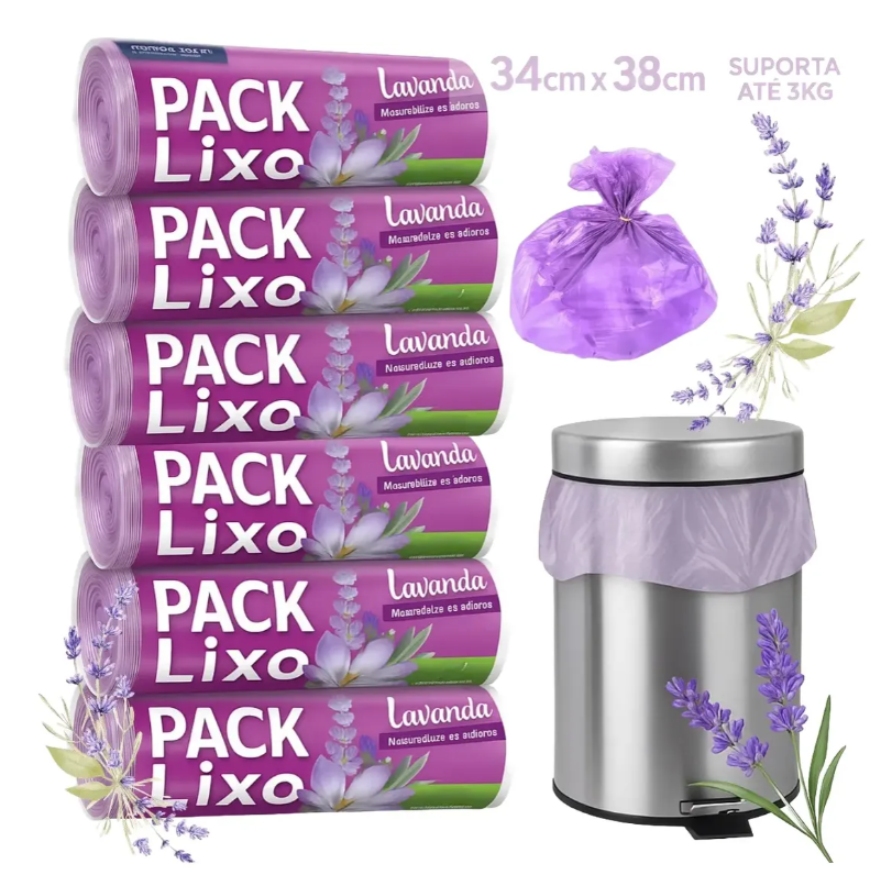 Kit com 6 pacotes de sacos de lixo perfumados de lavanda 10L